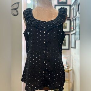 Black Polka Dot Ruffle Blouse – Button Down Sleeveless Top